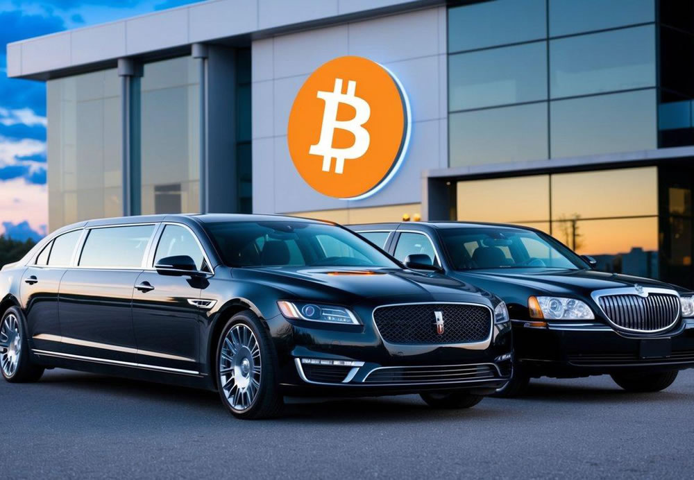 A sleek sedan and luxury limousine parked in front of a modern building with a Bitcoin logo displayed prominently
