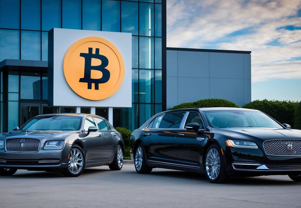 A luxurious sedan and limousine parked in front of a modern building, with a Bitcoin logo displayed prominently on a sign
