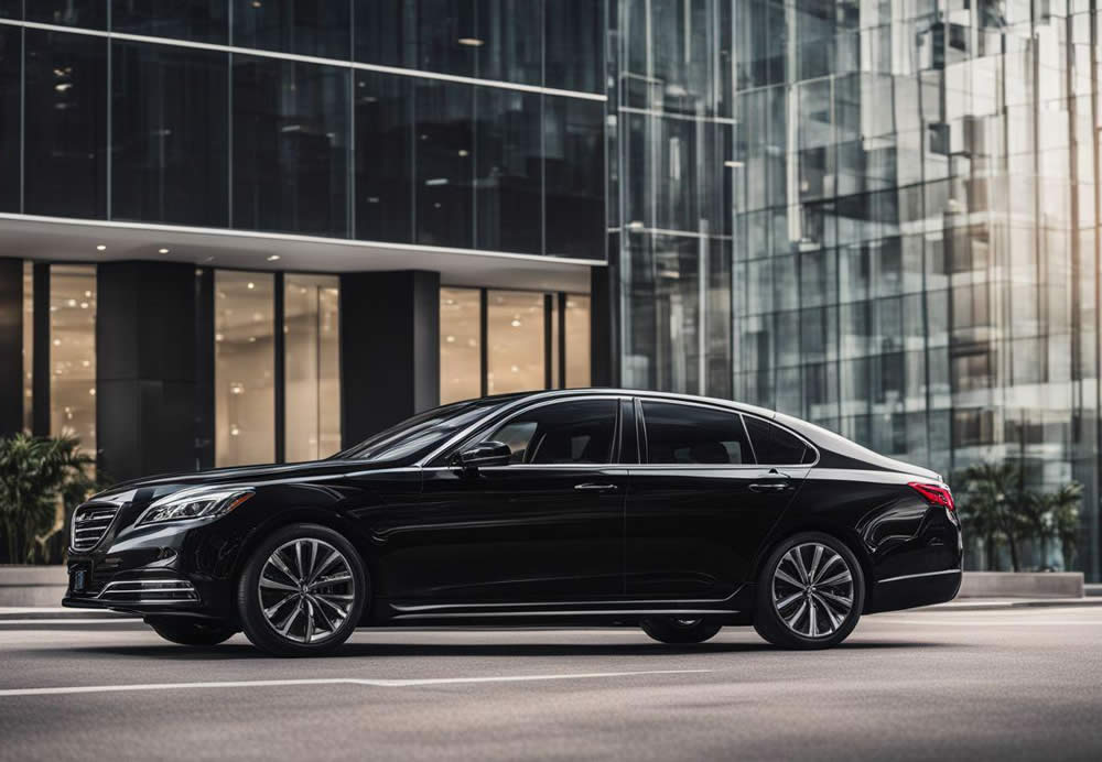 A black car parked in front of a building
