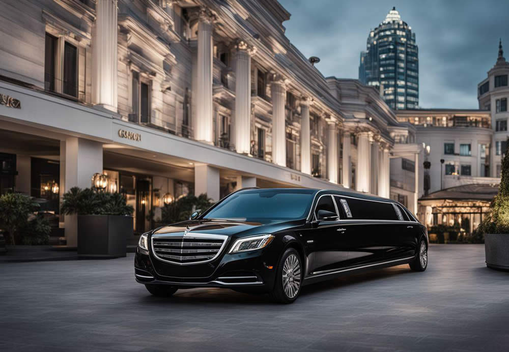 A black limousine parked in front of a building